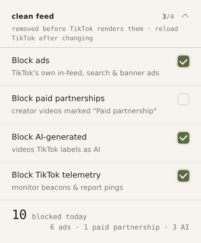 Clean feed settings: block TikTok ads, paid partnerships, AI-generated videos and telemetry