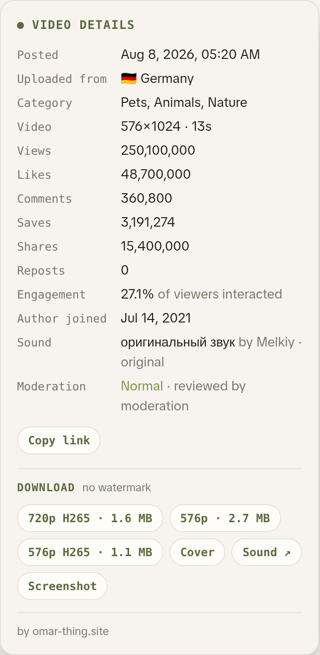Omar Thing video info panel on TikTok: post time, upload country, views, engagement and no-watermark download